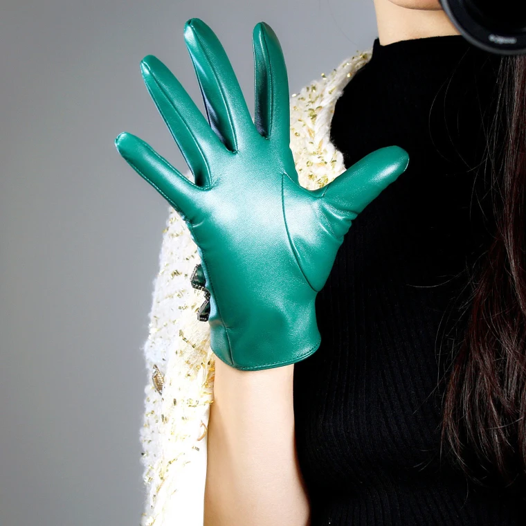 LONG GLOVES Faux Leather Sheepskin 16" 40cm Kelly Green Forest Emerald Touchscreen LLDLLNT