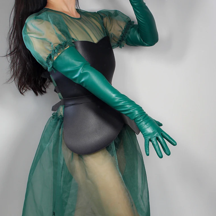 LONG GLOVES Faux Leather Sheepskin 16" 40cm Kelly Green Forest Emerald Touchscreen LLDLLNT