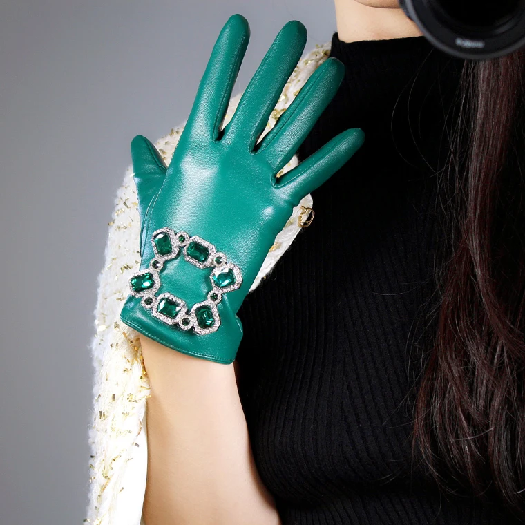 LONG GLOVES Faux Leather Sheepskin 16" 40cm Kelly Green Forest Emerald Touchscreen LLDLLNT