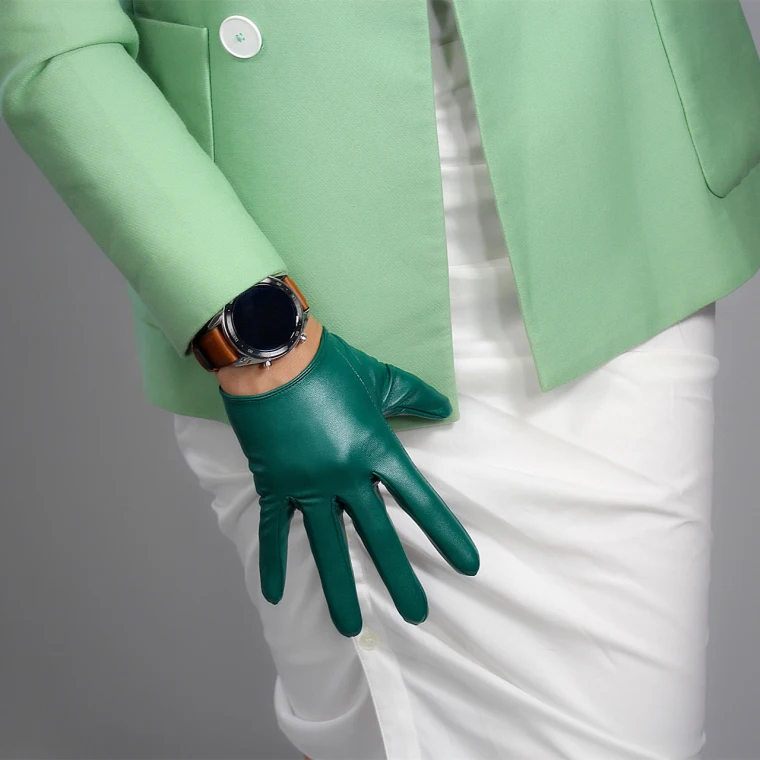 LONG GLOVES Faux Leather Sheepskin 16" 40cm Kelly Green Forest Emerald Touchscreen LLDLLNT