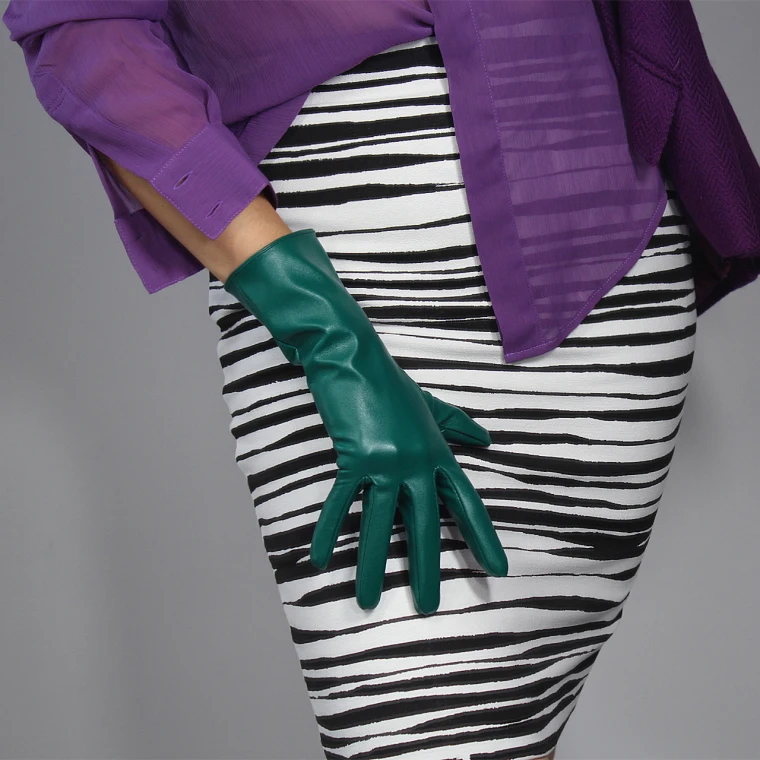 LONG GLOVES Faux Leather Sheepskin 16" 40cm Kelly Green Forest Emerald Touchscreen LLDLLNT