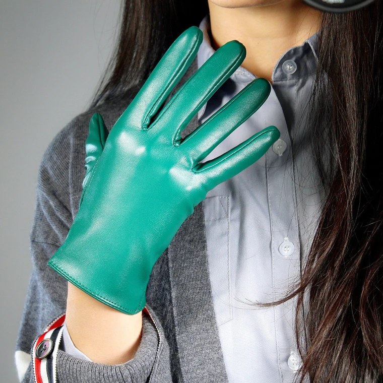 LONG GLOVES Faux Leather Sheepskin 16" 40cm Kelly Green Forest Emerald Touchscreen LLDLLNT