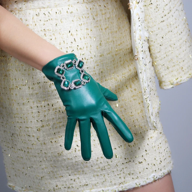 LONG GLOVES Faux Leather Sheepskin 16" 40cm Kelly Green Forest Emerald Touchscreen LLDLLNT