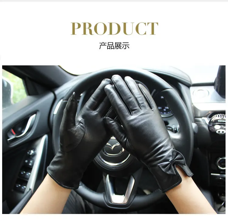 New Fashion Women Genuine Leather Sheepskin Bow Decoration Velvet Lining Keep Warm In Winter Black Gloves