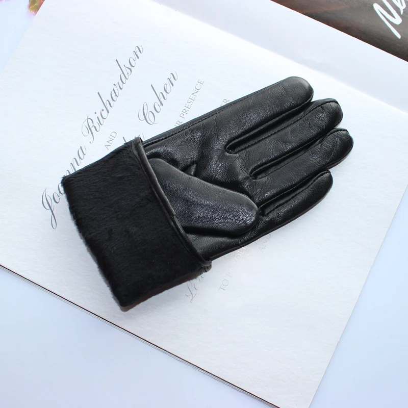 New Fashion Women Genuine Leather Sheepskin Bow Decoration Velvet Lining Keep Warm In Winter Black Gloves