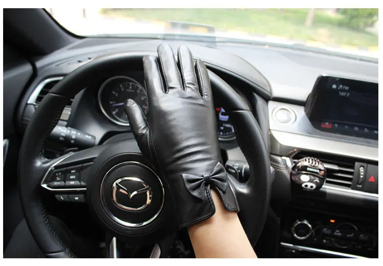 New Fashion Women Genuine Leather Sheepskin Bow Decoration Velvet Lining Keep Warm In Winter Black Gloves