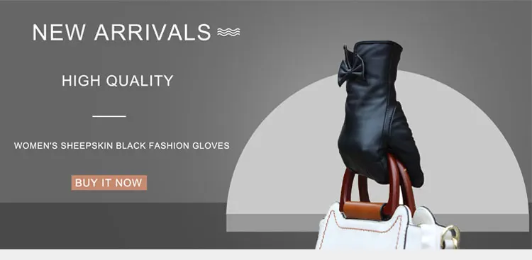 New Fashion Women Genuine Leather Sheepskin Bow Decoration Velvet Lining Keep Warm In Winter Black Gloves