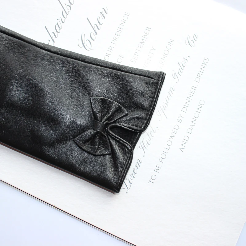 New Fashion Women Genuine Leather Sheepskin Bow Decoration Velvet Lining Keep Warm In Winter Black Gloves
