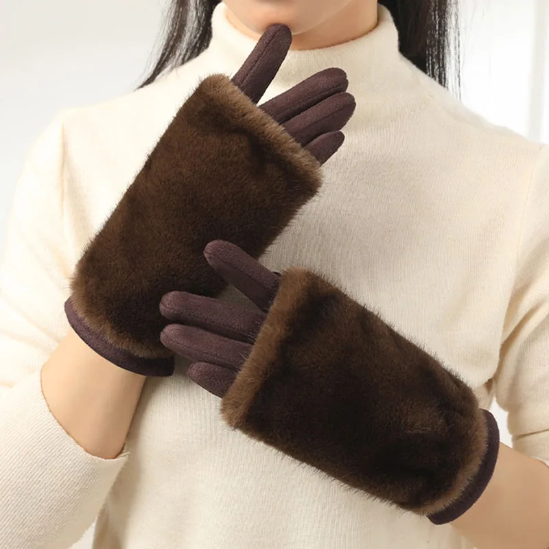 Double Set Fashion Personality Suede Winter Keep Warm Touch Screen Women Gloves Hairy Imitation Mink Velvet Half Finger Gloves