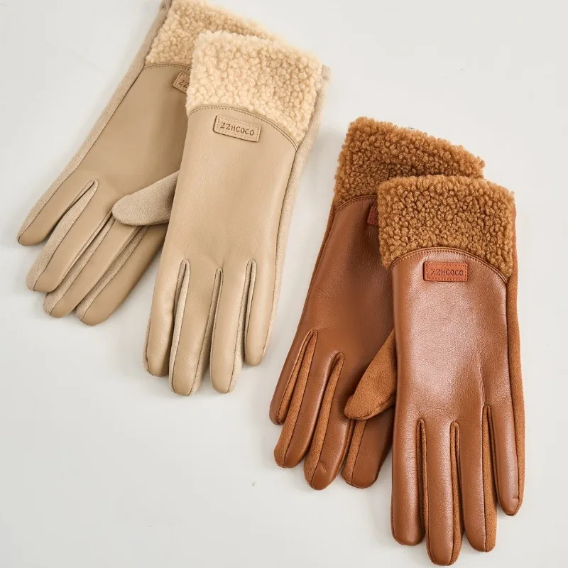 Women Winter PU Suede Keep Warm Touch Screen Gloves Fashion Splicing Drive Riding Light Not Bloated Elegant Temperament