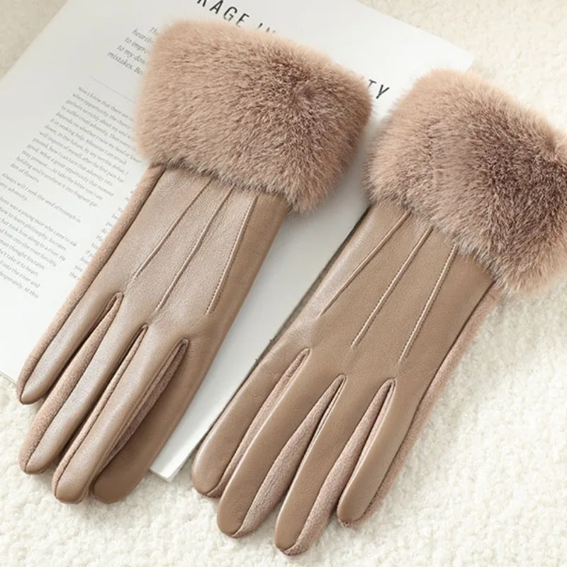 Temperament Women Winter Imitation of Mink Fur Suede Leather Gloves Keep Warm Touch Screen Thickened Add Velvet Fashion Elegant