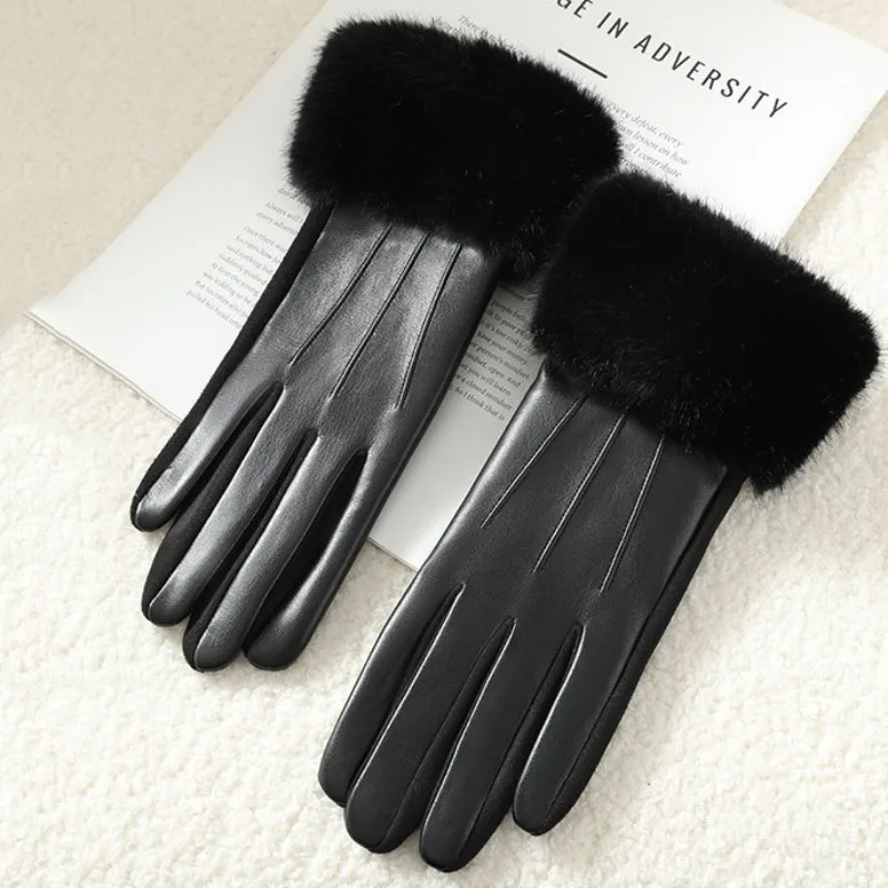 Temperament Women Winter Imitation of Mink Fur Suede Leather Gloves Keep Warm Touch Screen Thickened Add Velvet Fashion Elegant