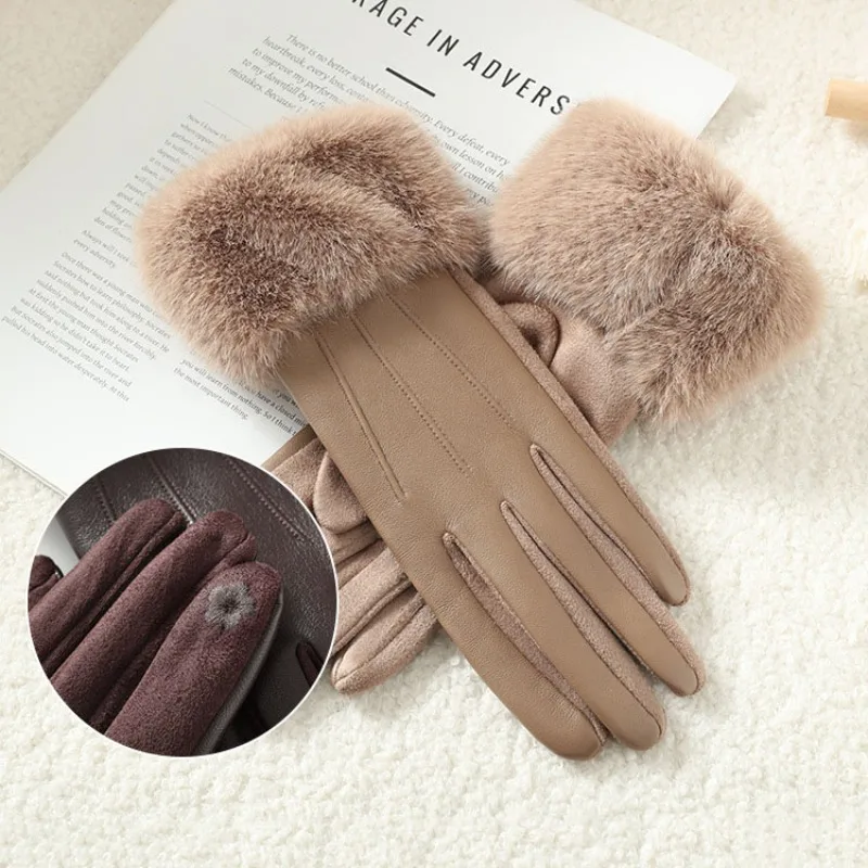 Temperament Women Winter Imitation of Mink Fur Suede Leather Gloves Keep Warm Touch Screen Thickened Add Velvet Fashion Elegant