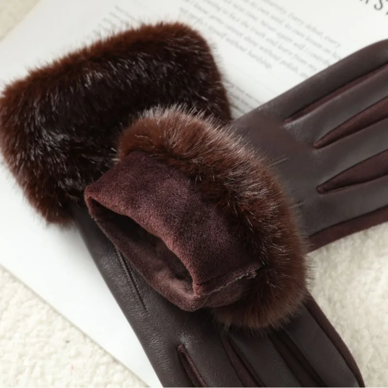 Temperament Women Winter Imitation of Mink Fur Suede Leather Gloves Keep Warm Touch Screen Thickened Add Velvet Fashion Elegant