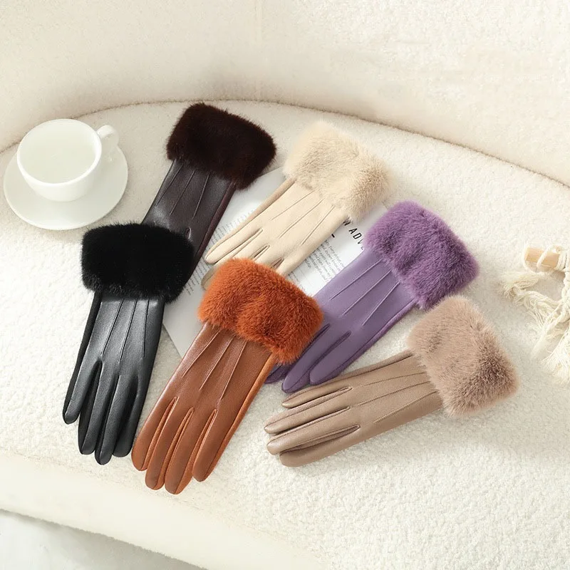 Temperament Women Winter Imitation of Mink Fur Suede Leather Gloves Keep Warm Touch Screen Thickened Add Velvet Fashion Elegant