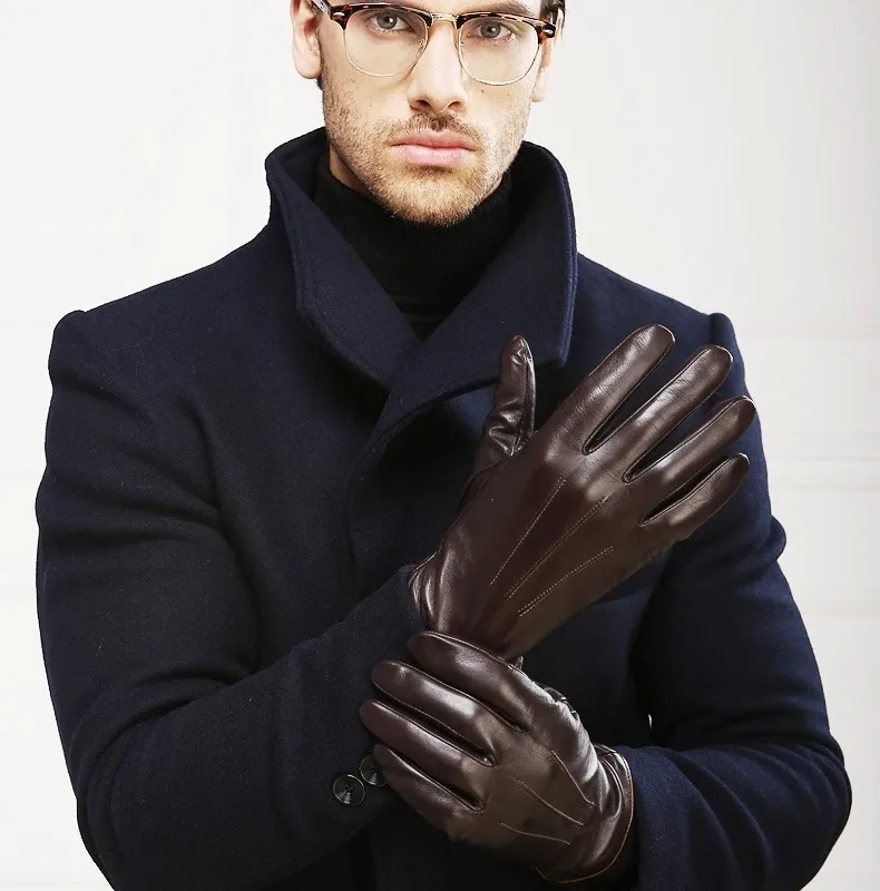 Real Leather Gloves Male Thermal Velvet Lined High Quality Autumn Winter Business Men Sheepskin Gloves Touchscreen EM011NC2