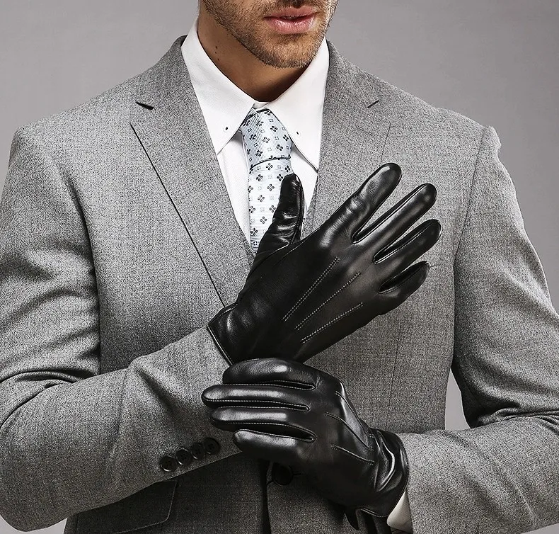 Real Leather Gloves Male Thermal Velvet Lined High Quality Autumn Winter Business Men Sheepskin Gloves Touchscreen EM011NC2