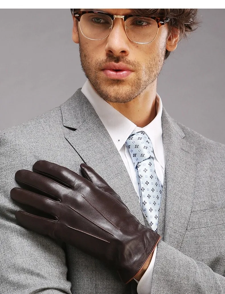 Real Leather Gloves Male Thermal Velvet Lined High Quality Autumn Winter Business Men Sheepskin Gloves Touchscreen EM011NC2
