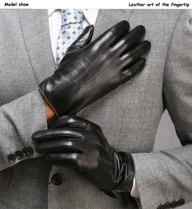 Real Leather Gloves Male Thermal Velvet Lined High Quality Autumn Winter Business Men Sheepskin Gloves Touchscreen EM011NC2