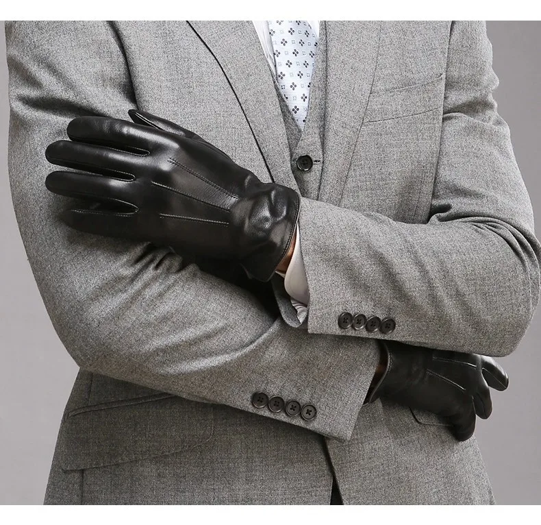Real Leather Gloves Male Thermal Velvet Lined High Quality Autumn Winter Business Men Sheepskin Gloves Touchscreen EM011NC2