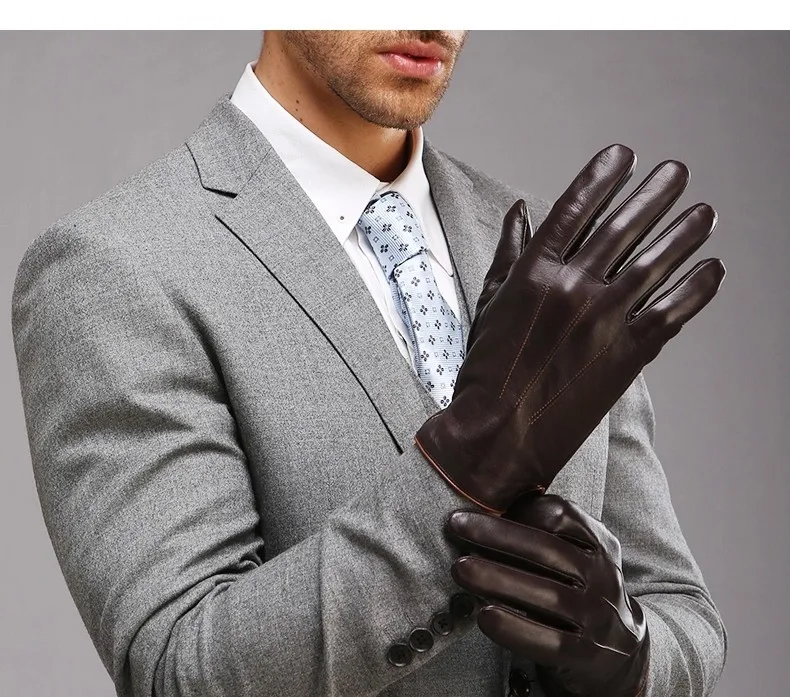 Real Leather Gloves Male Thermal Velvet Lined High Quality Autumn Winter Business Men Sheepskin Gloves Touchscreen EM011NC2