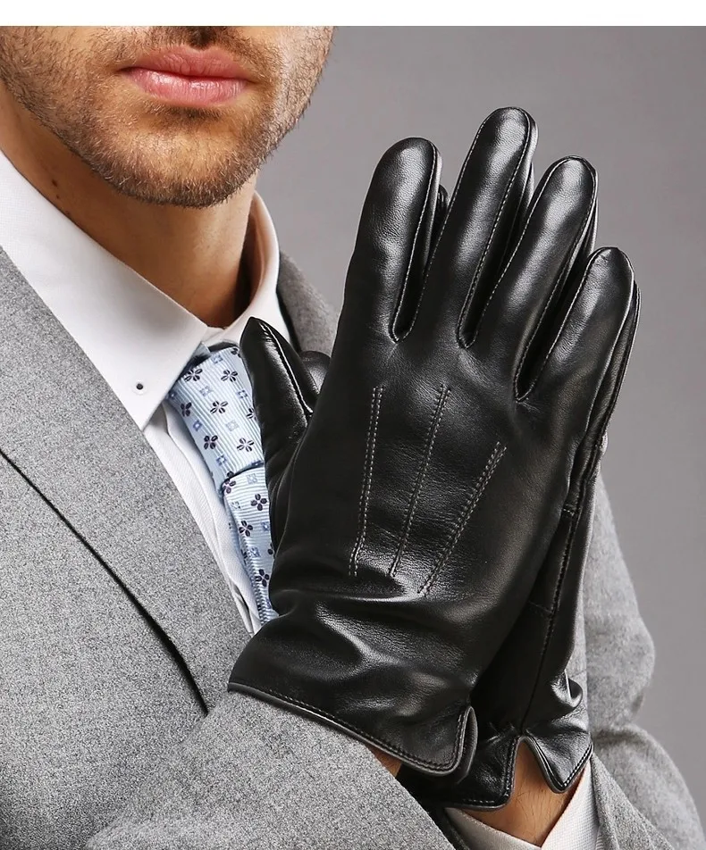Real Leather Gloves Male Thermal Velvet Lined High Quality Autumn Winter Business Men Sheepskin Gloves Touchscreen EM011NC2