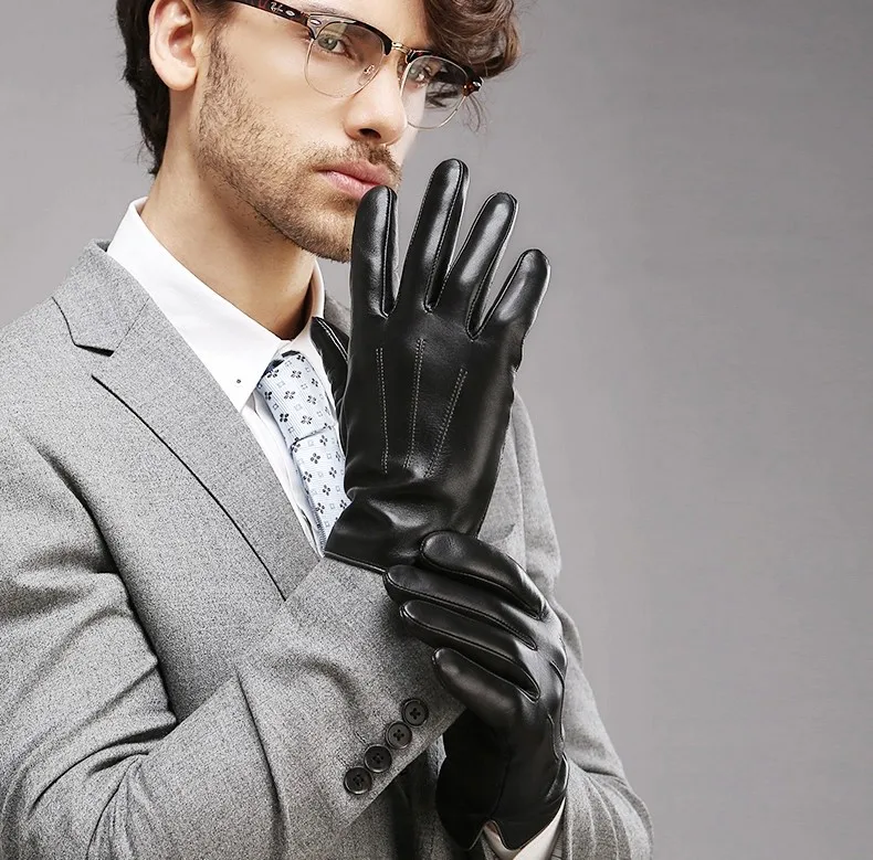 Real Leather Gloves Male Thermal Velvet Lined High Quality Autumn Winter Business Men Sheepskin Gloves Touchscreen EM011NC2