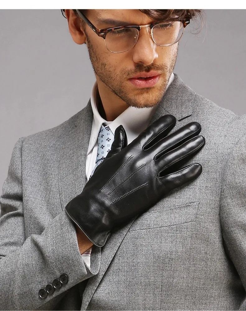 Real Leather Gloves Male Thermal Velvet Lined High Quality Autumn Winter Business Men Sheepskin Gloves Touchscreen EM011NC2