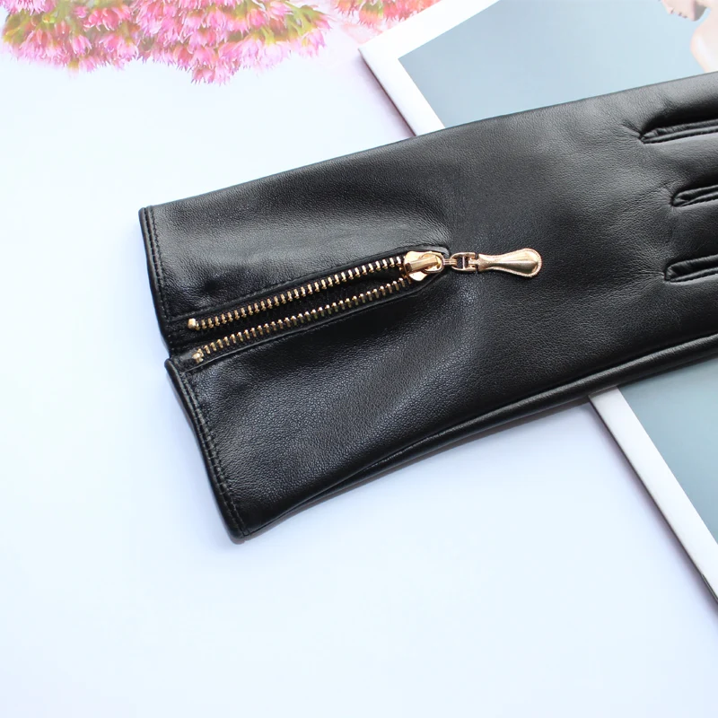 New Touch Screen Women's Sheepskin Gloves Leather Fleece Lined Fashion Zipper Warm Autumn and Winter Outdoor Driving Gloves