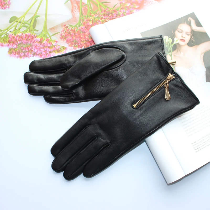 New Touch Screen Women's Sheepskin Gloves Leather Fleece Lined Fashion Zipper Warm Autumn and Winter Outdoor Driving Gloves