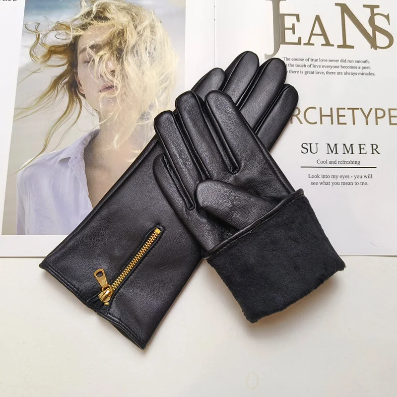 New Touch Screen Women's Sheepskin Gloves Leather Fleece Lined Fashion Zipper Warm Autumn and Winter Outdoor Driving Gloves