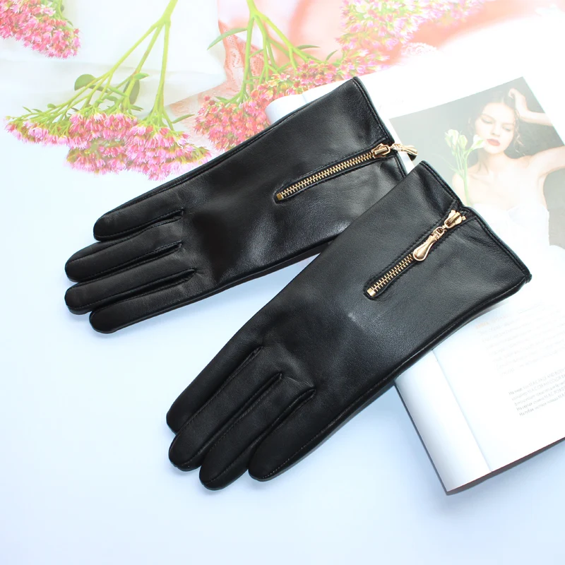 New Touch Screen Women's Sheepskin Gloves Leather Fleece Lined Fashion Zipper Warm Autumn and Winter Outdoor Driving Gloves