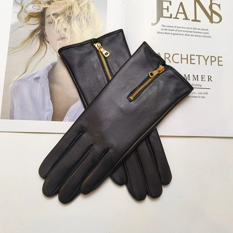 New Touch Screen Women's Sheepskin Gloves Leather Fleece Lined Fashion Zipper Warm Autumn and Winter Outdoor Driving Gloves