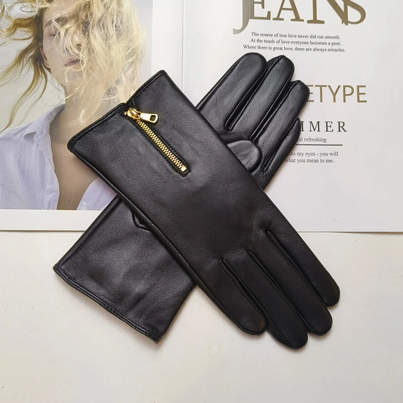 New Touch Screen Women's Sheepskin Gloves Leather Fleece Lined Fashion Zipper Warm Autumn and Winter Outdoor Driving Gloves
