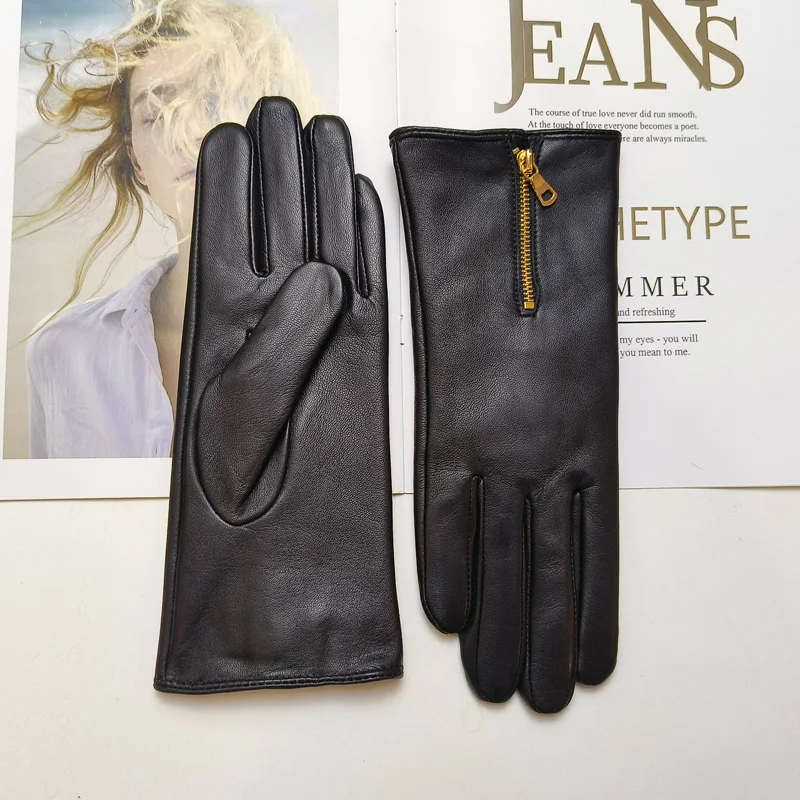 New Touch Screen Women's Sheepskin Gloves Leather Fleece Lined Fashion Zipper Warm Autumn and Winter Outdoor Driving Gloves