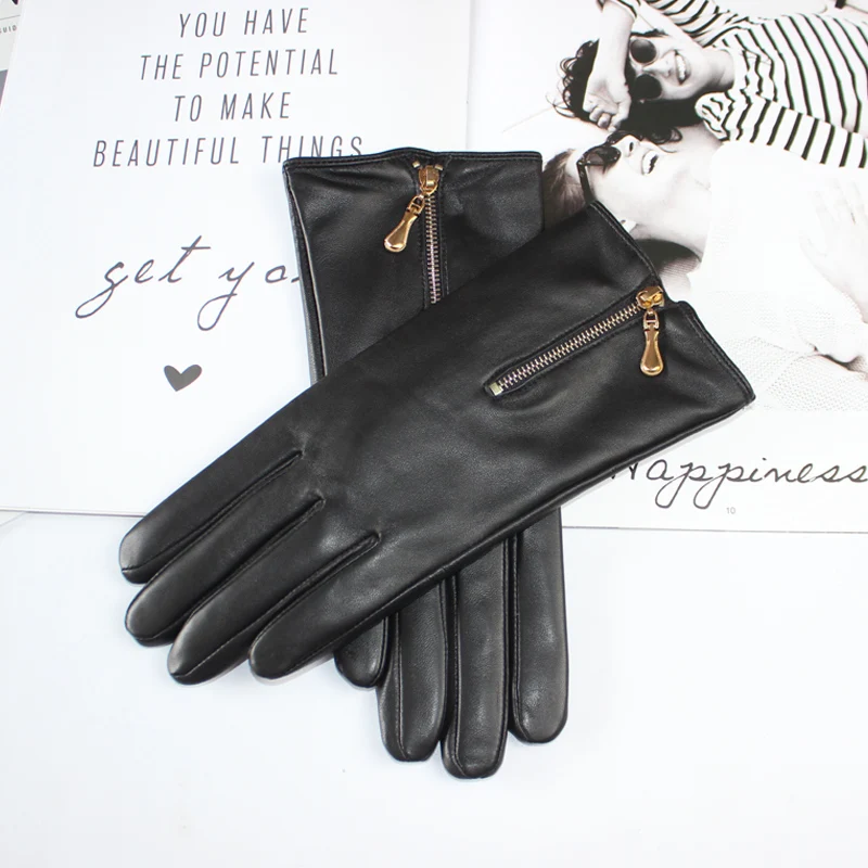 Women's sheepskin gloves leather touch screen fashion zipper fleece warm windproof autumn driving gloves winter