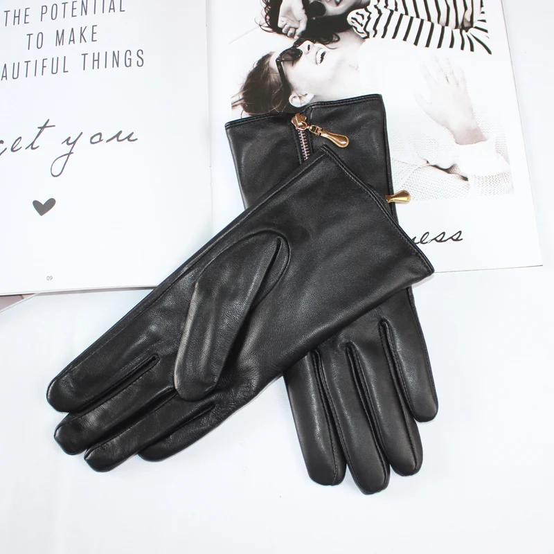 Women's sheepskin gloves leather touch screen fashion zipper fleece warm windproof autumn driving gloves winter
