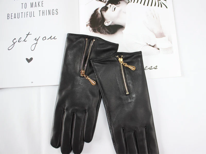 Women's sheepskin gloves leather touch screen fashion zipper fleece warm windproof autumn driving gloves winter