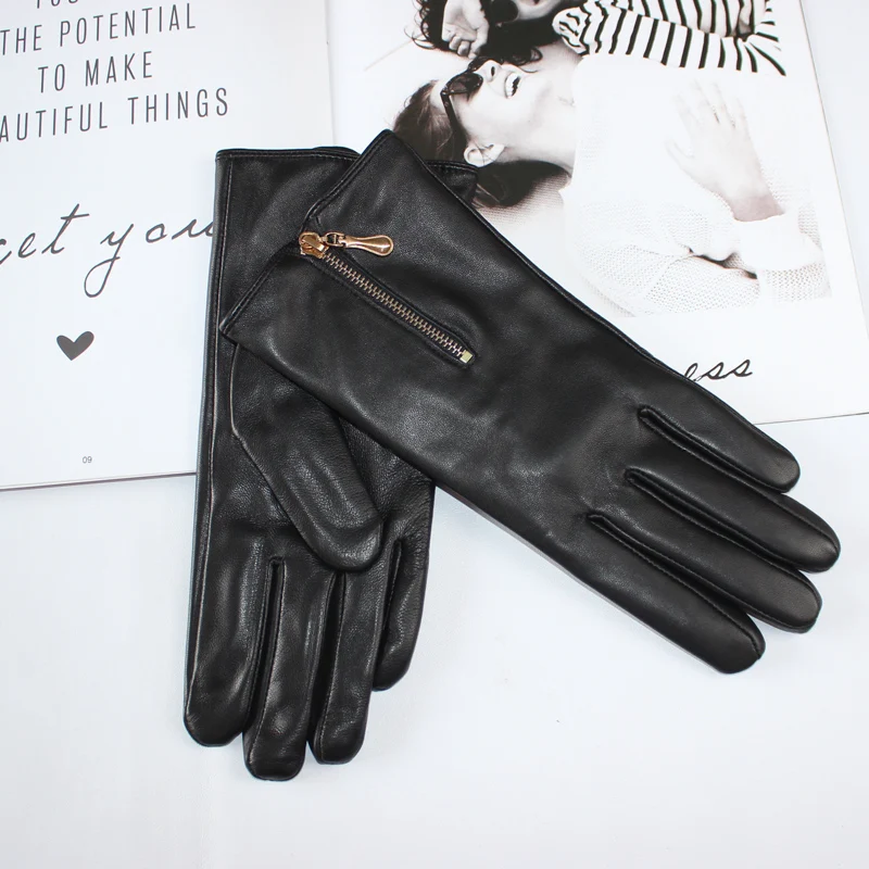 Women's sheepskin gloves leather touch screen fashion zipper fleece warm windproof autumn driving gloves winter