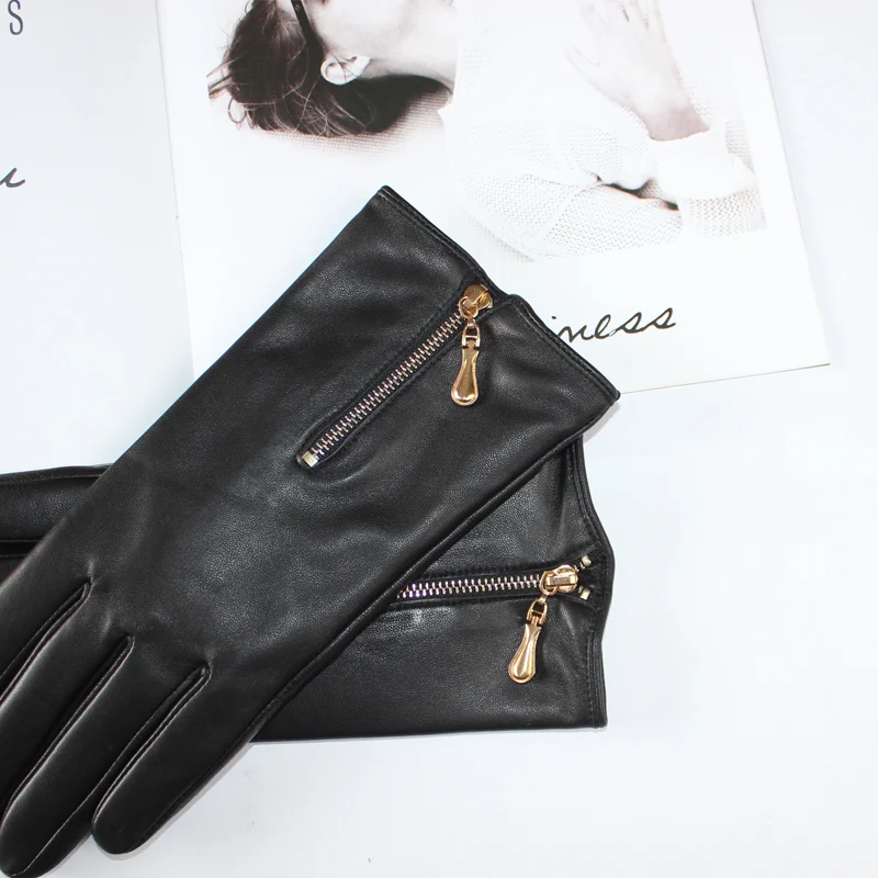 Women's sheepskin gloves leather touch screen fashion zipper fleece warm windproof autumn driving gloves winter