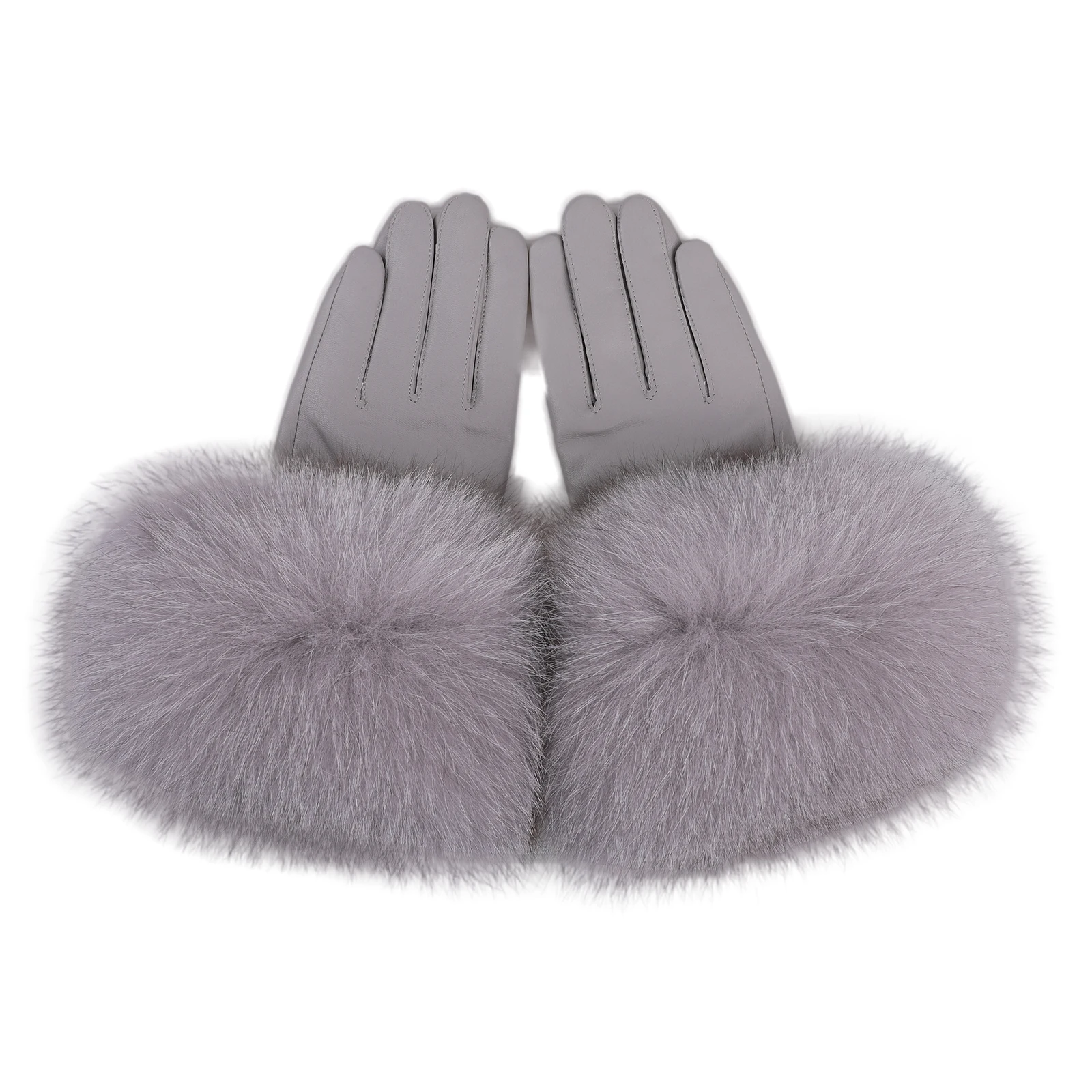 BOONJOVIA Women Genuine Lambskin Leather Gloves With Real Fox Fur Trim Cuff Winter Warm Driving Gloves-Velvet Lined
