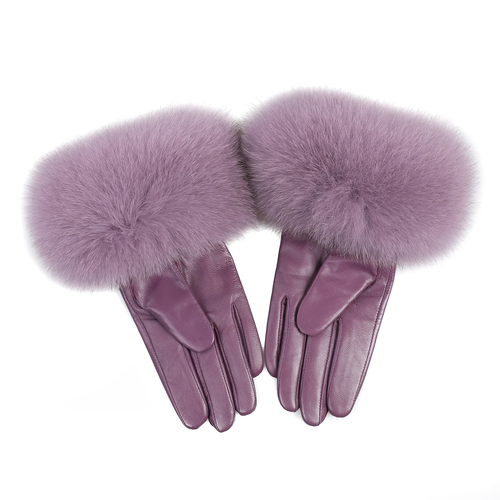 BOONJOVIA Women Genuine Lambskin Leather Gloves With Real Fox Fur Trim Cuff Winter Warm Driving Gloves-Velvet Lined