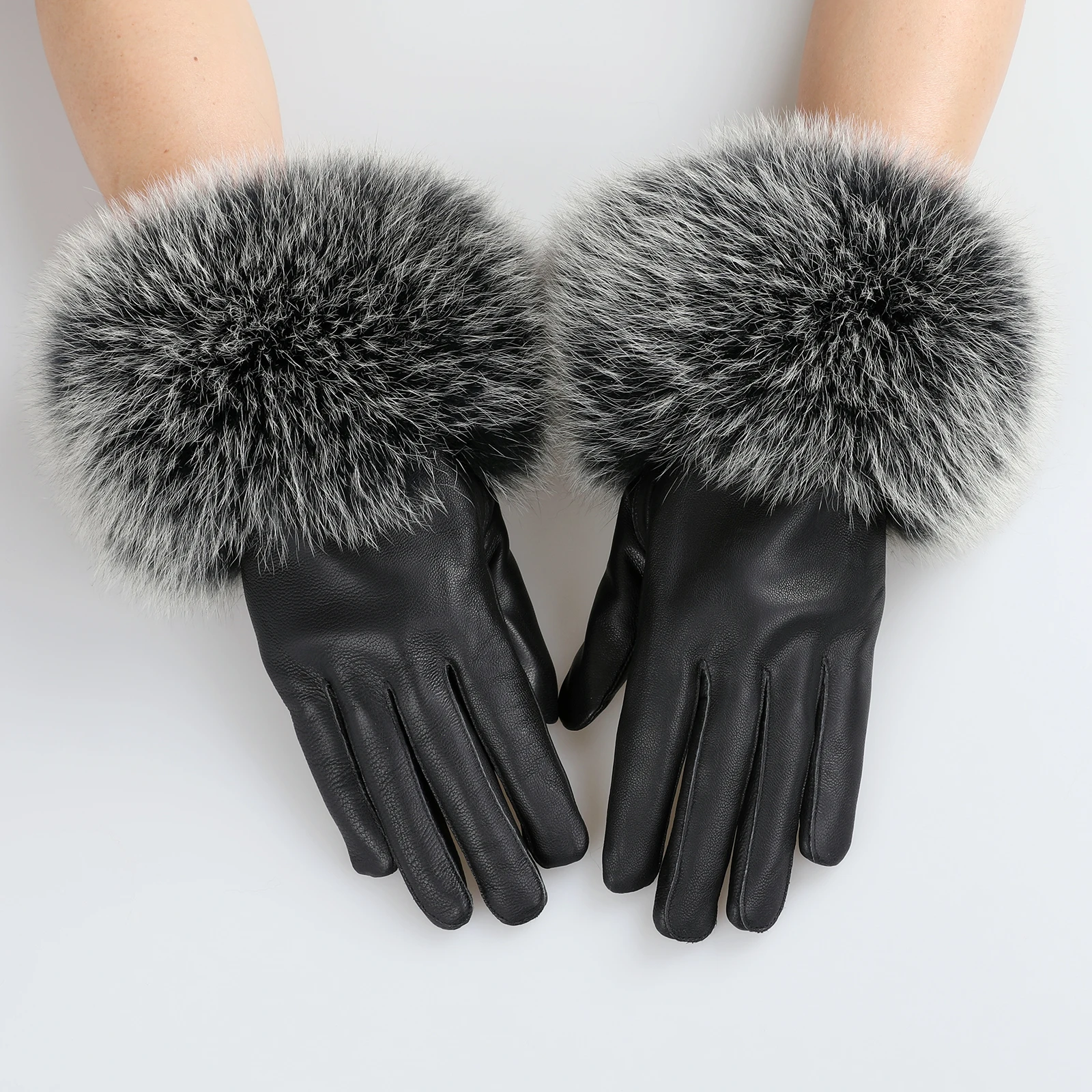 BOONJOVIA Women Genuine Lambskin Leather Gloves With Real Fox Fur Trim Cuff Winter Warm Driving Gloves-Velvet Lined