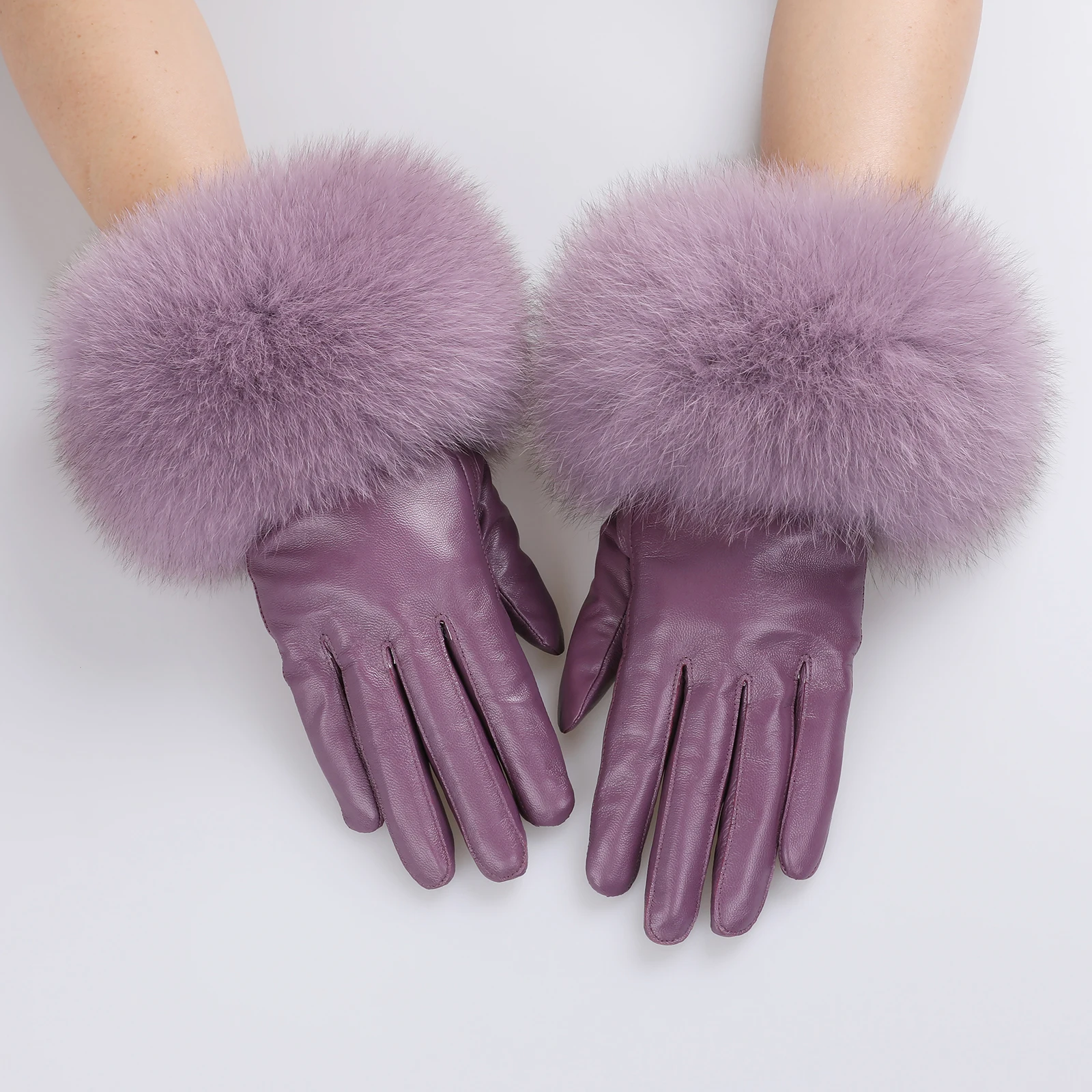 BOONJOVIA Women Genuine Lambskin Leather Gloves With Real Fox Fur Trim Cuff Winter Warm Driving Gloves-Velvet Lined