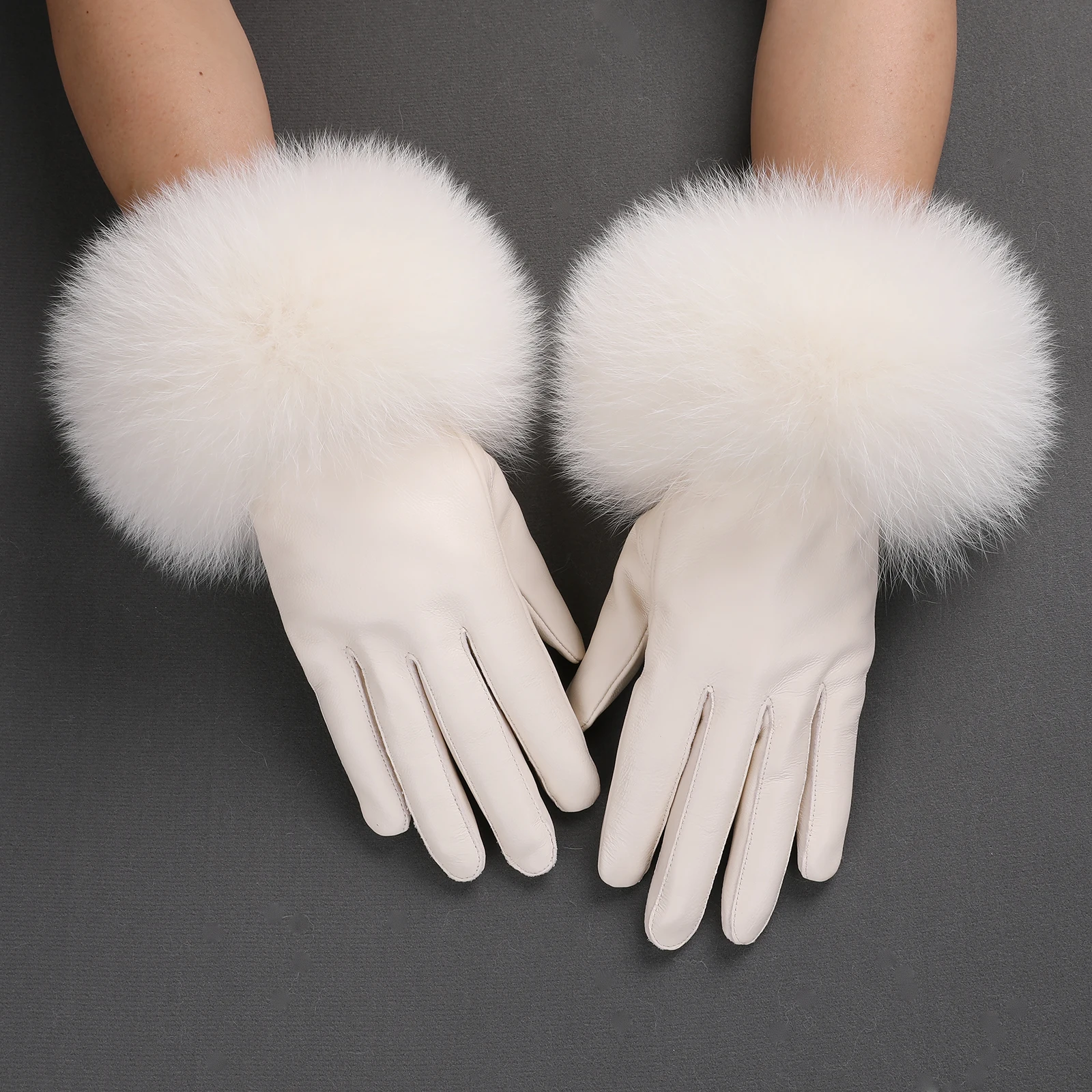 BOONJOVIA Women Genuine Lambskin Leather Gloves With Real Fox Fur Trim Cuff Winter Warm Driving Gloves-Velvet Lined