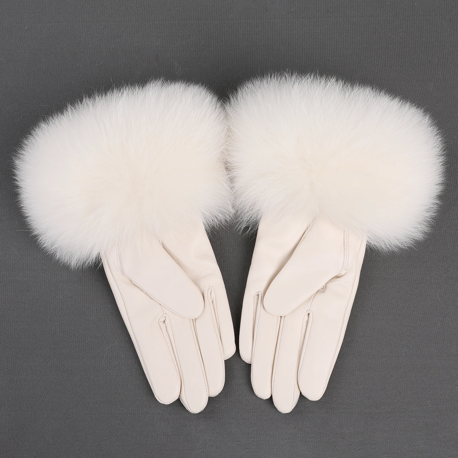 BOONJOVIA Women Genuine Lambskin Leather Gloves With Real Fox Fur Trim Cuff Winter Warm Driving Gloves-Velvet Lined