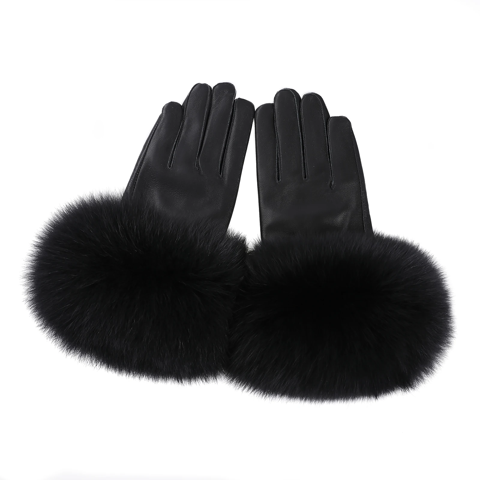 BOONJOVIA Women Genuine Lambskin Leather Gloves With Real Fox Fur Trim Cuff Winter Warm Driving Gloves-Velvet Lined