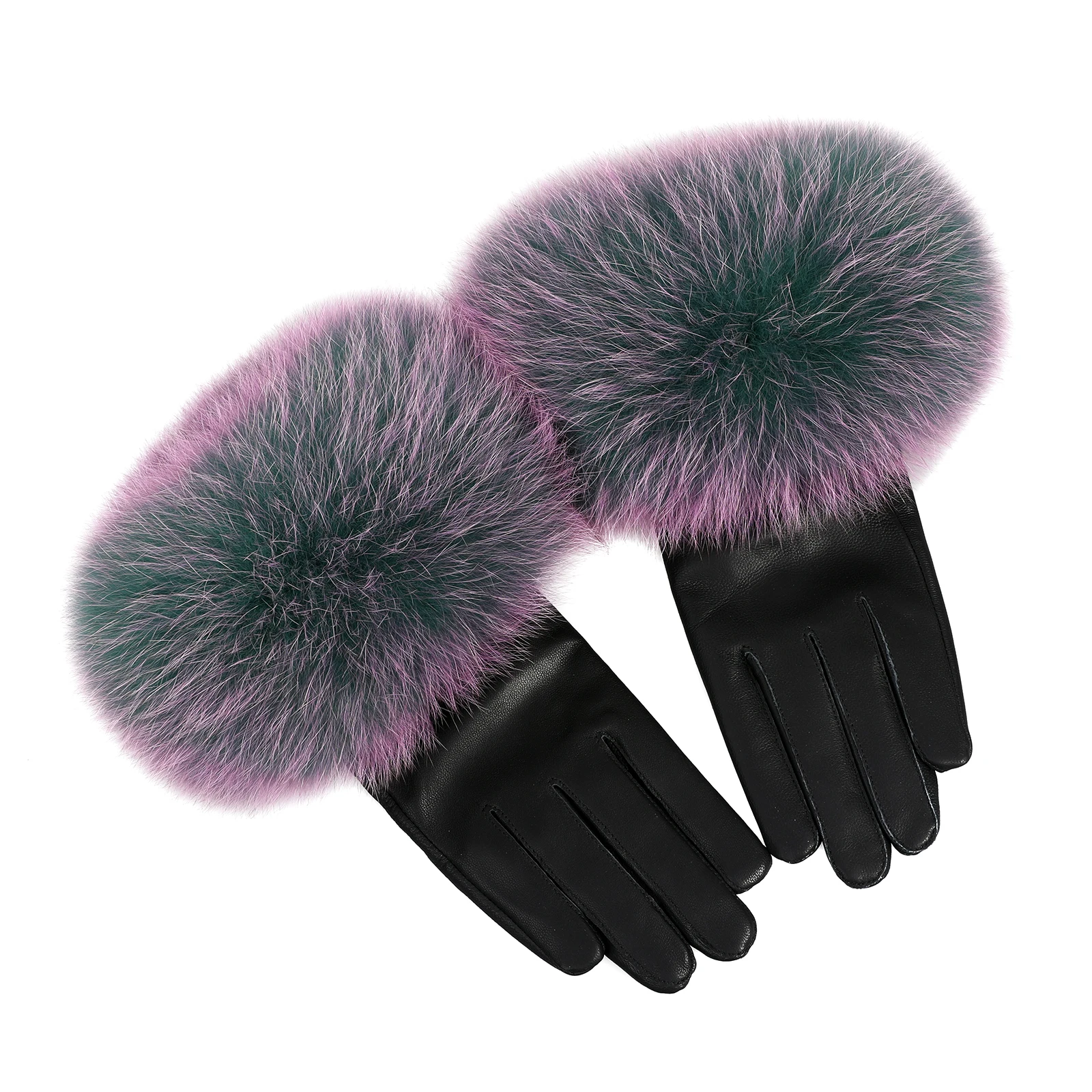 BOONJOVIA Women Genuine Lambskin Leather Gloves With Real Fox Fur Trim Cuff Winter Warm Driving Gloves-Velvet Lined