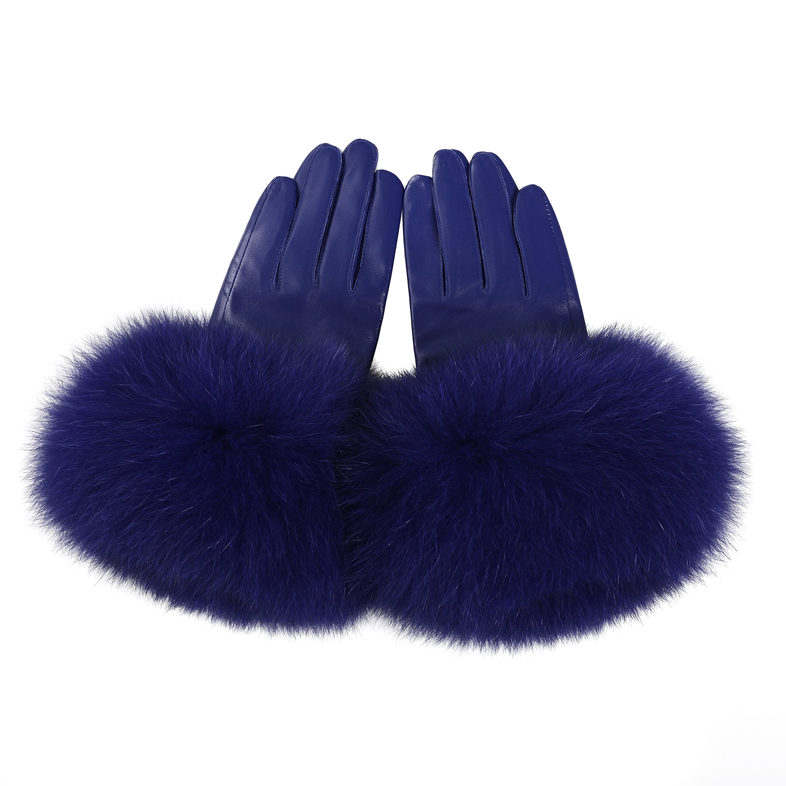 BOONJOVIA Women Genuine Lambskin Leather Gloves With Real Fox Fur Trim Cuff Winter Warm Driving Gloves-Velvet Lined