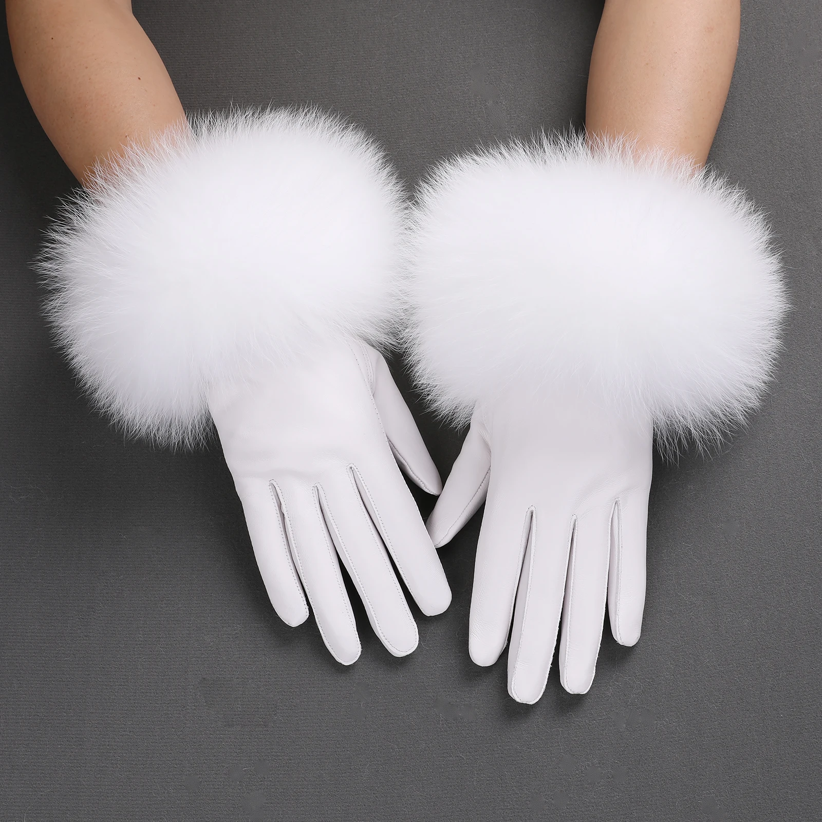 BOONJOVIA Women Genuine Lambskin Leather Gloves With Real Fox Fur Trim Cuff Winter Warm Driving Gloves-Velvet Lined